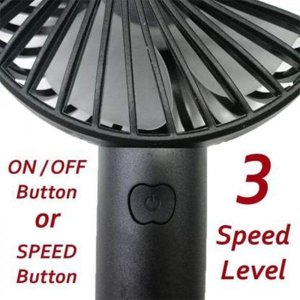 Black handheld fan with on/off button and speed control details on a white background